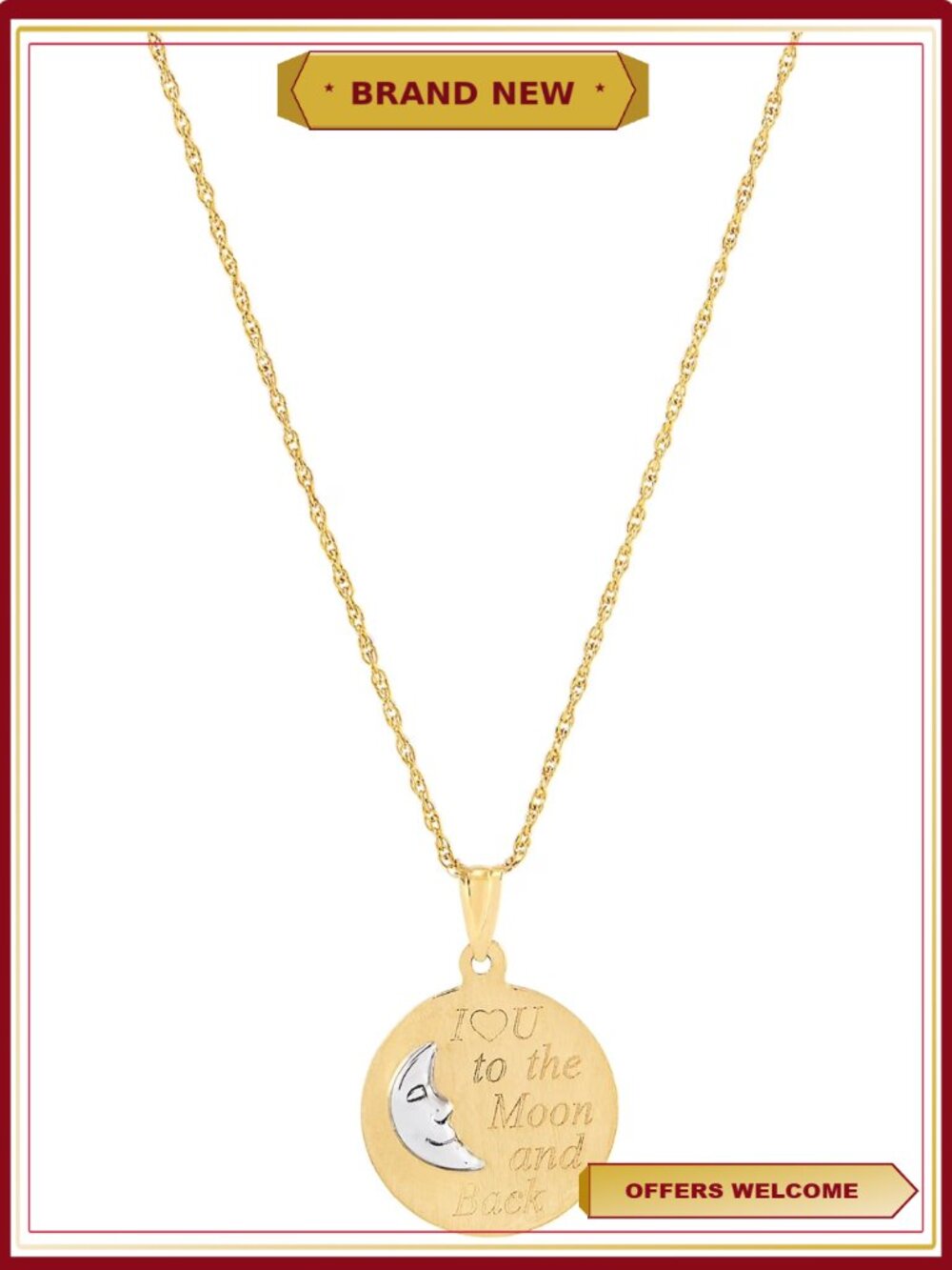 10K Gold Moon and Back Pendant Necklace with White Gold Moon Face, 18" Chain